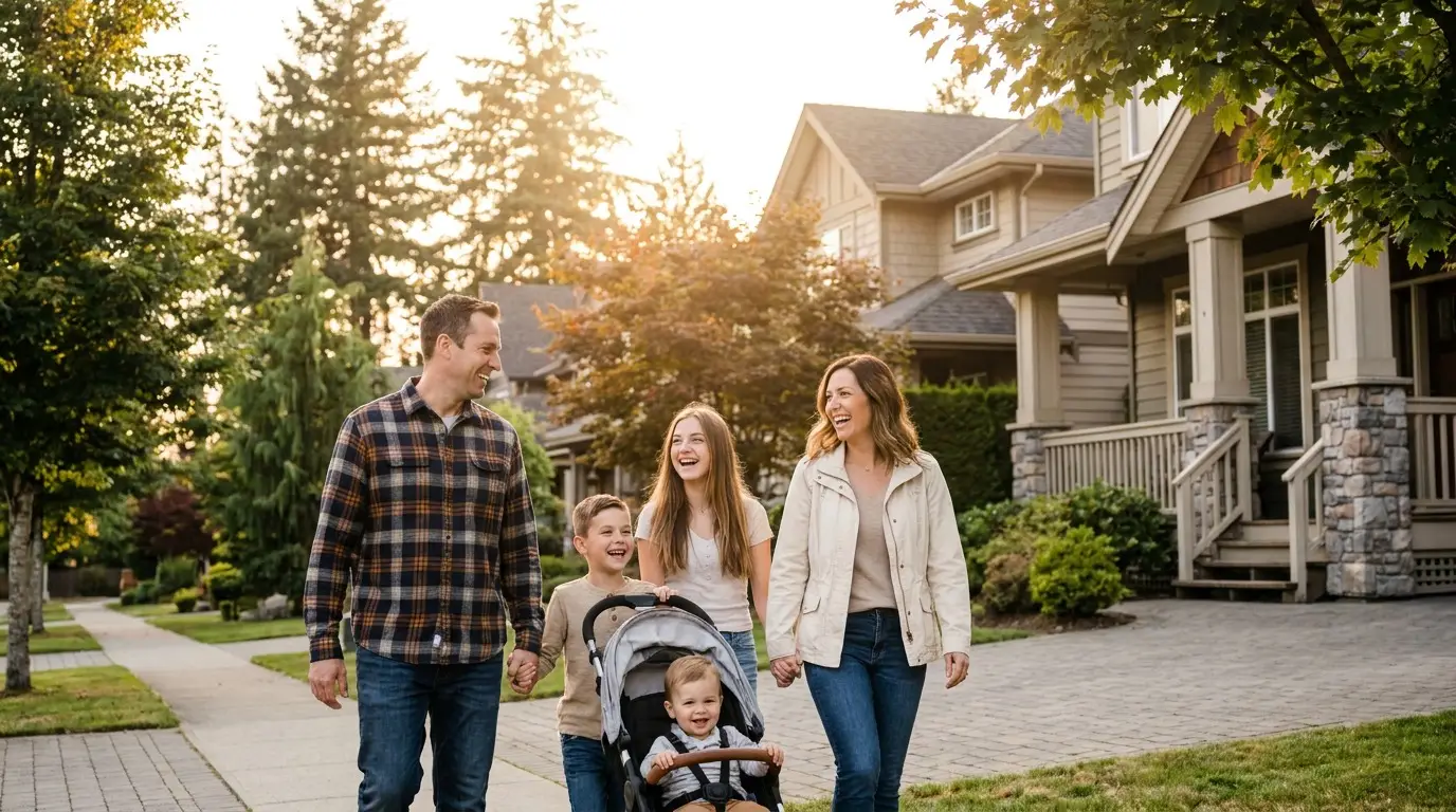 A young family is walking through their Willoughby neighbourhood, happy that they were able to move here thanks to financing arranged by The HomeHappy Team @ Canadian Mortgage Experts